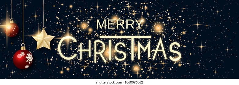 Christmas and New Year vector banner template. Black background with stars, glitter effect and winter decor