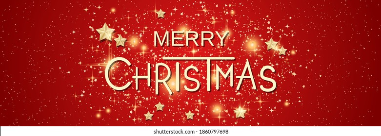 Christmas and New Year vector banner template. Red background with stars, glitter effect and winter decor