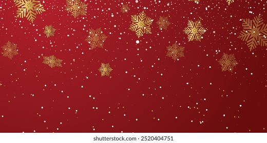 Christmas and New Year vector banner template. Red gradient background with stars, glitter effect and winter decor, Snowy winter design. Gold glitter star and particle. Magic snowfall. New Year back.