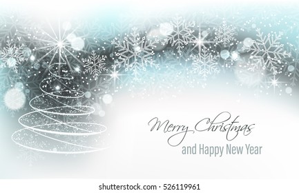 Christmas and New Year vector banner with christmas tree, glitter, star and snowflakes.