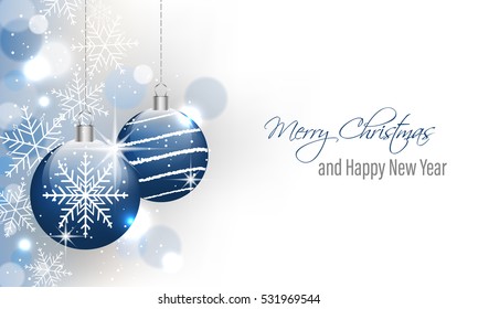 Christmas and New Year vector banner with hanging baubles and snowflakes.