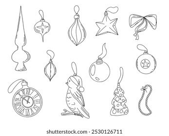 Christmas and New Year vector baubles collection. Different hand drawn doodle elements for Christmas tree decor, baubles, topper, ribbon, holidays attributes