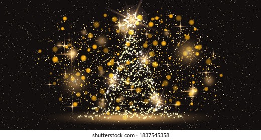Weihnachten und Neues Jahr, Vektorschwarzer Hintergrund mit Sternen und Baum