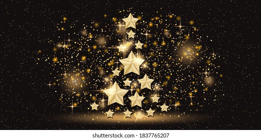 Fondo negro vectorial de Navidad y Año Nuevo con estrellas y árbol