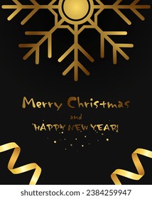 Christmas and New Year vector black background with sparkle shining snowflake and holiday ribbons 
