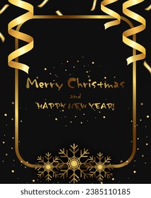 Vectores de Navidad y Año Nuevo fondo negro con banner brillante brillante, cintas de vacaciones y copos de nieve