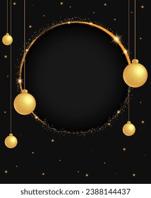 El fondo negro vectorial de Navidad y Año Nuevo con banner brillante redondo, bolas colgantes de vacaciones y polvo