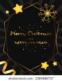 Christmas and New Year vector black background with sparkle shining banner, holiday ribbons and snowflakes