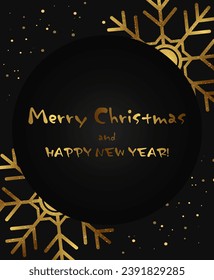 Christmas and New Year vector black background with round banner and holiday sparkle shining snowflakes