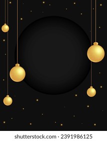 Christmas and New Year vector black background with round banner, holiday hanging balls and dust