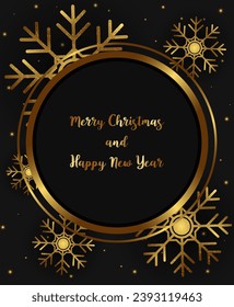 Christmas and New Year vector black background with sparkle shining banner, holiday stars and glittering snowflakes