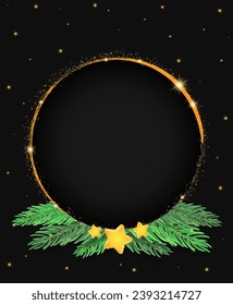 Christmas and New Year vector black background with sparkle shining round banner, holiday stars and fir tree branches