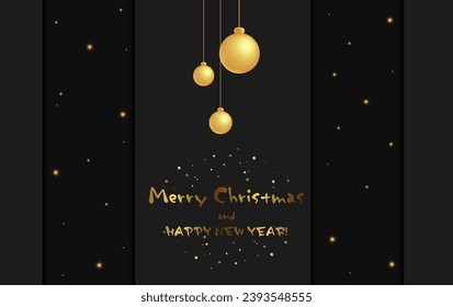 Weihnachts- und Neujahr, Vektorschwarzer Hintergrund mit funkelnden Sternen und hängenden goldenen Urlaubsbällen
