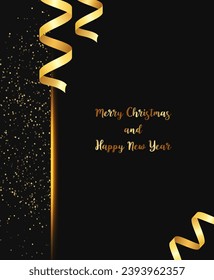 Vectores de Navidad y Año Nuevo fondo negro con polvo brillante brillante brillante brillante y cintas de vacaciones