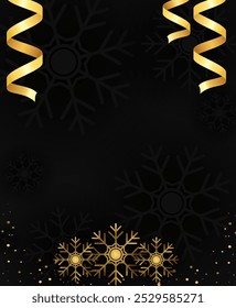Christmas and New Year vector black background with sparkle shining stars, holiday ribbons and snowflakes