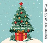 Christmas and New Year. Vector bright Christmas card with decorated tree, gift and snowy background. Perfect for holiday decoration, winter greetings, social networks and invitations