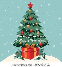 Natal e Ano Novo. Vetor cartão de Natal brilhante com árvore decorada, presente e fundo nevado. Perfeito para decoração de férias, saudações de inverno, redes sociais e convites