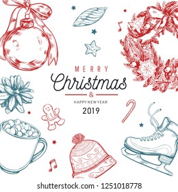 Christmas and New Year vector  card, background with vintage hand drawn elements: christmas wreath, pine cone, and other decoration. Horizontal poster, card, header, Cozy style 