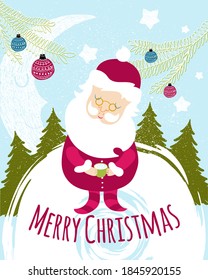 Christmas and New year. Vector card with Christmas tree and Santa Claus