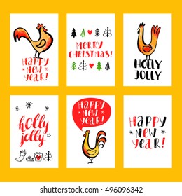 Christmas and new year vector card and gift tags. Modern calligraphy. Hand drawn inscriptions and elements. Ink and watercolor. Handwritten brush lettering with rough edges. 2017. Fiery rooster.