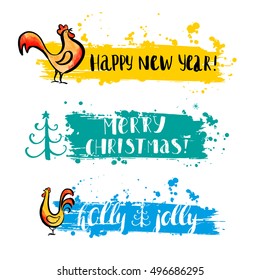Christmas and new year vector card. Modern calligraphy. Hand drawn inscriptions and elements. Ink and watercolor. Handwritten brush lettering with rough edges. 2017. Fiery rooster.