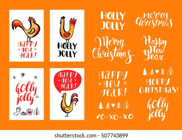 Christmas and new year vector card and gift tags. Modern calligraphy. Hand drawn inscriptions and elements. Ink and watercolor. Handwritten brush lettering with rough edges. 2017. Fiery rooster.