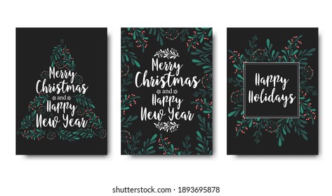 Christmas and New Year vector cards collection with handwritten calligraphy, branches and berries isolated on black background. Design template for greeting card, invitation, poster