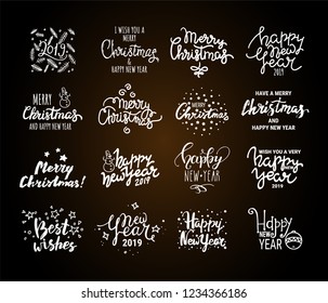 Christmas & New Year vector collection. Handwritten lettering, label, emblem, text design templates, winter holiday symbols. Congratulation quotes Merry Christmas, Happy New Year 2019, Best wishes.