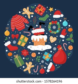 Christmas and New Year vector collection with seasonal elements on dark blue background.