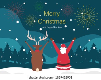 Christmas and new year vector concept: Back view of santa and his reindeeQ at Merry Christmas text and fireworks