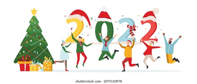 Concepto vectorial de Navidad y Año Nuevo 2022. La gente celebra el concepto de año nuevo. Las cifras volumétricas в ф о р е 2022. Ilustración vectorial para afiches, banner, tarjeta, portada, postal.