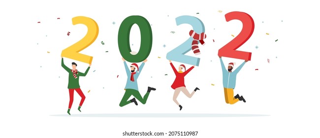 Christmas and New Year vector concept 2022. People celebrate new year concept. Volumetric figures в форме 2022. Vector illustration for poster, banner, card, cover, postcard.