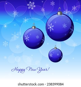 Christmas & New Year vector decoration design with blue baubles. Winter Holidays vector background with baubles, snowflakes & lights for greeting cards, wallpaper, gift package decorations.  