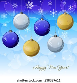 Christmas & New Year vector decoration design with colorful baubles. Winter Holidays vector background with baubles, snowflakes & lights for greeting cards, wallpaper, gift package decorations. 
