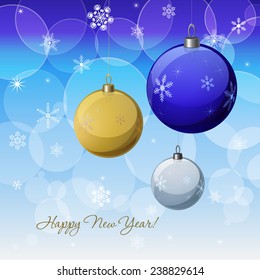 Christmas & New Year vector decoration design with colorful baubles. Winter Holidays vector background with baubles, snowflakes & lights for greeting cards, wallpaper, gift package decorations. 