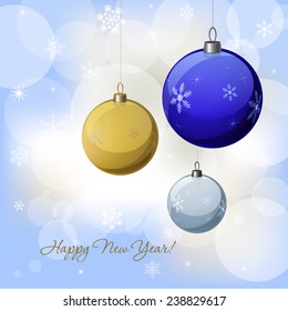 Christmas & New Year vector decoration design with blue baubles. Winter Holidays vector background with baubles, snowflakes & lights for greeting cards, wallpaper, gift package decorations. 