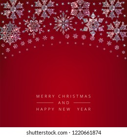Christmas and New Year vector decorative red background with ice crystal snowflakes