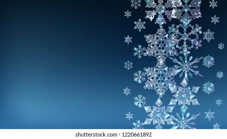 Christmas and New Year vector decorative blue background with ice crystal snowflakes