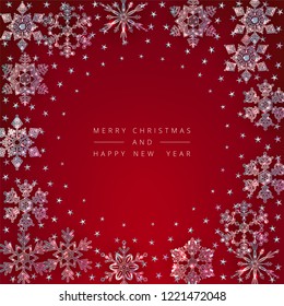 Christmas and New Year vector decorative red background with ice crystal snowflakes