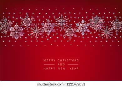 Christmas and New Year vector decorative red background with ice crystal snowflakes