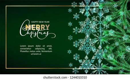 Christmas and New Year vector decorative green background with ice crystal snowflakes, fir tree branches and the golden serpentine