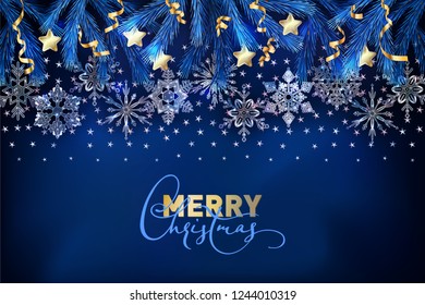 Christmas and New Year vector decorative dark blue background with ice crystal snowflakes, fir tree branches and the golden serpentine