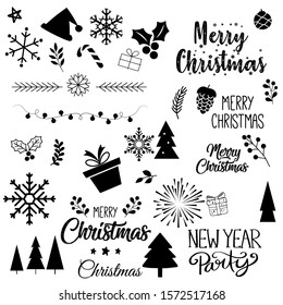 Christmas and new year vector design element collection. Flat line design vector illustrations for greeting cards, website banners and badges, Christmas ornaments