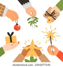 Christmas and New Year vector design elements. Hands with holiday symbols - gifts, Christmas tree toys, sparkler, mistletoe. Cute hand-drawn illustration. Template for poster or banner