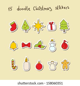 Christmas and New Year vector doodle stickers collection. Set of hand drawn color Christmas elements: sock, tree, gift, star, snowman, candle, angel, cook, holly, bell, candy, etc. 