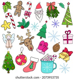 Christmas and New Year vector doodle icons stickers set