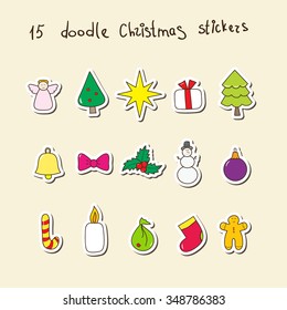 Christmas and New Year vector doodle stickers collection. Set of hand drawn color Christmas elements: sock, tree, gift, star, snowman, candle, angel, cook, holly, bell, candy, etc.