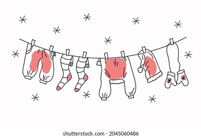 Christmas, New Year vector drawings in doodle style. Funny winter banner with Santa clothes. Hand draw. Isolated background. Vector illustration.