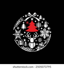 Christmas and New Year vector emblem. Christmas tree, snowflakes, Santa Claus hat, gift box, deer, bells, snowman.