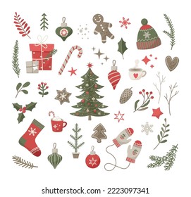 Christmas and New Year vector flat design elements. Set with Christmas tree, holly leaves, holiday gifts, Christmas toys, ginger bread, mittens, sock, hat and other winter decor accessories